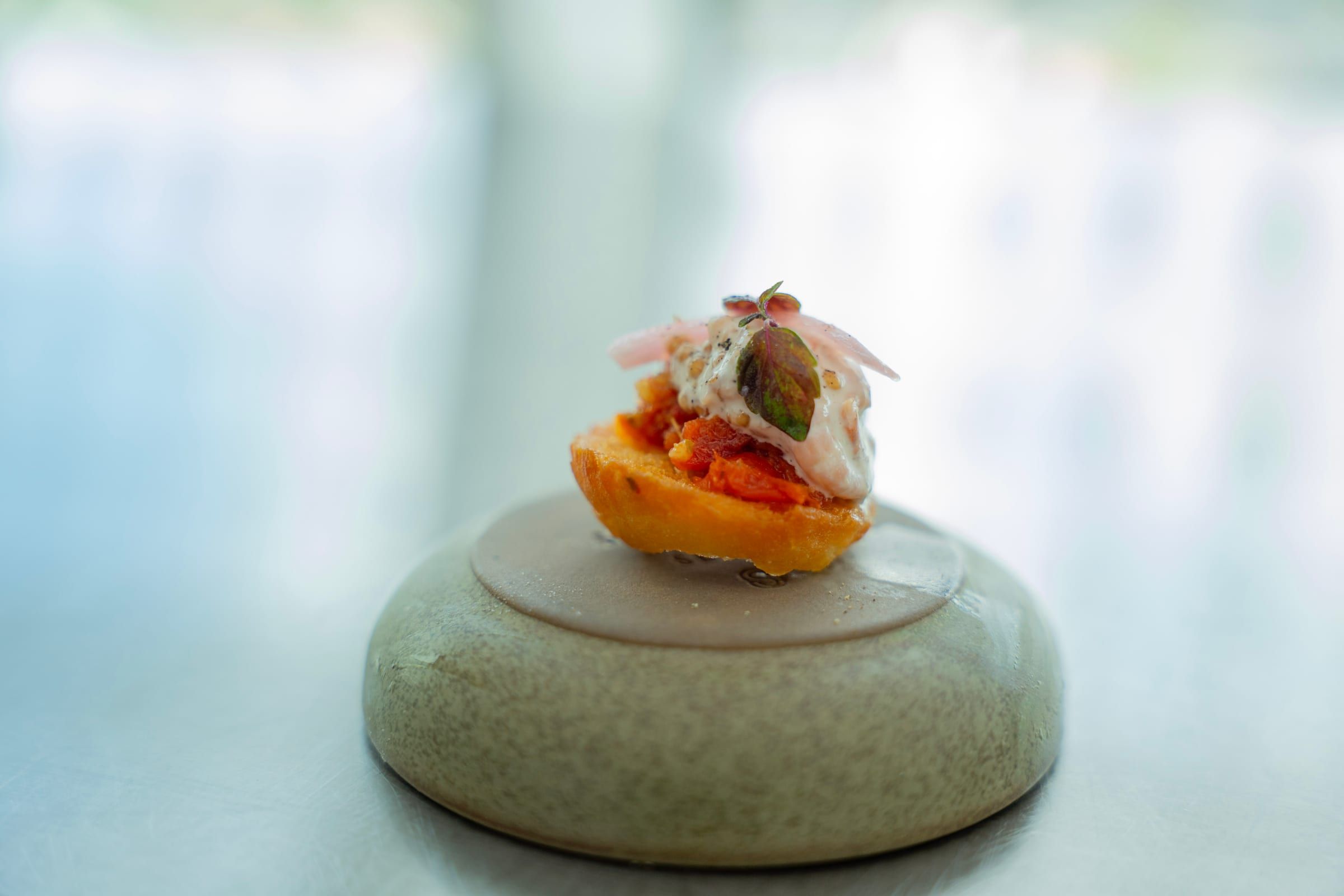 Bouchée sur un toast doré, garnie d’un tartare, d’une crème et d’oignon rose, servie sur une petite assiette en céramique vert sauge.